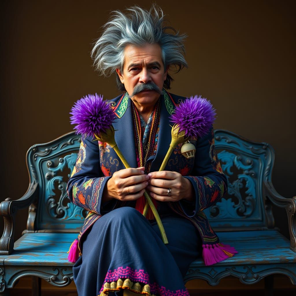 Bohemian Gentleman Surrounded by Whimsical Purple Thistles