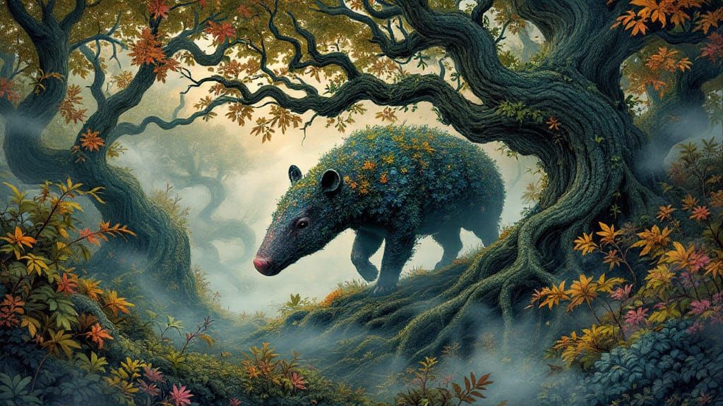 Tapir in Distorted Dreamscape: a Mixed Media Masterpiece