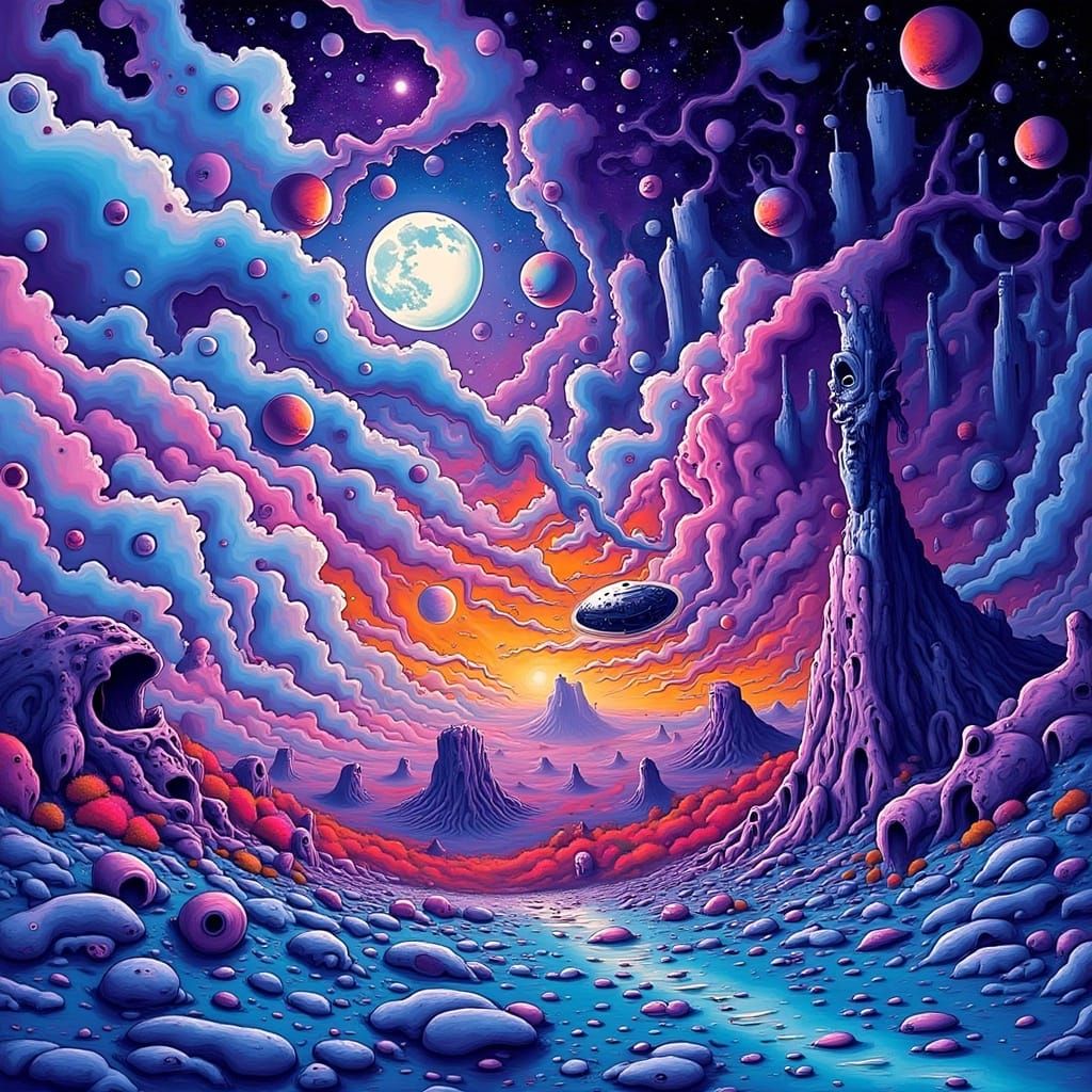 Mystical Moonscape with UFO in Surrealist Style