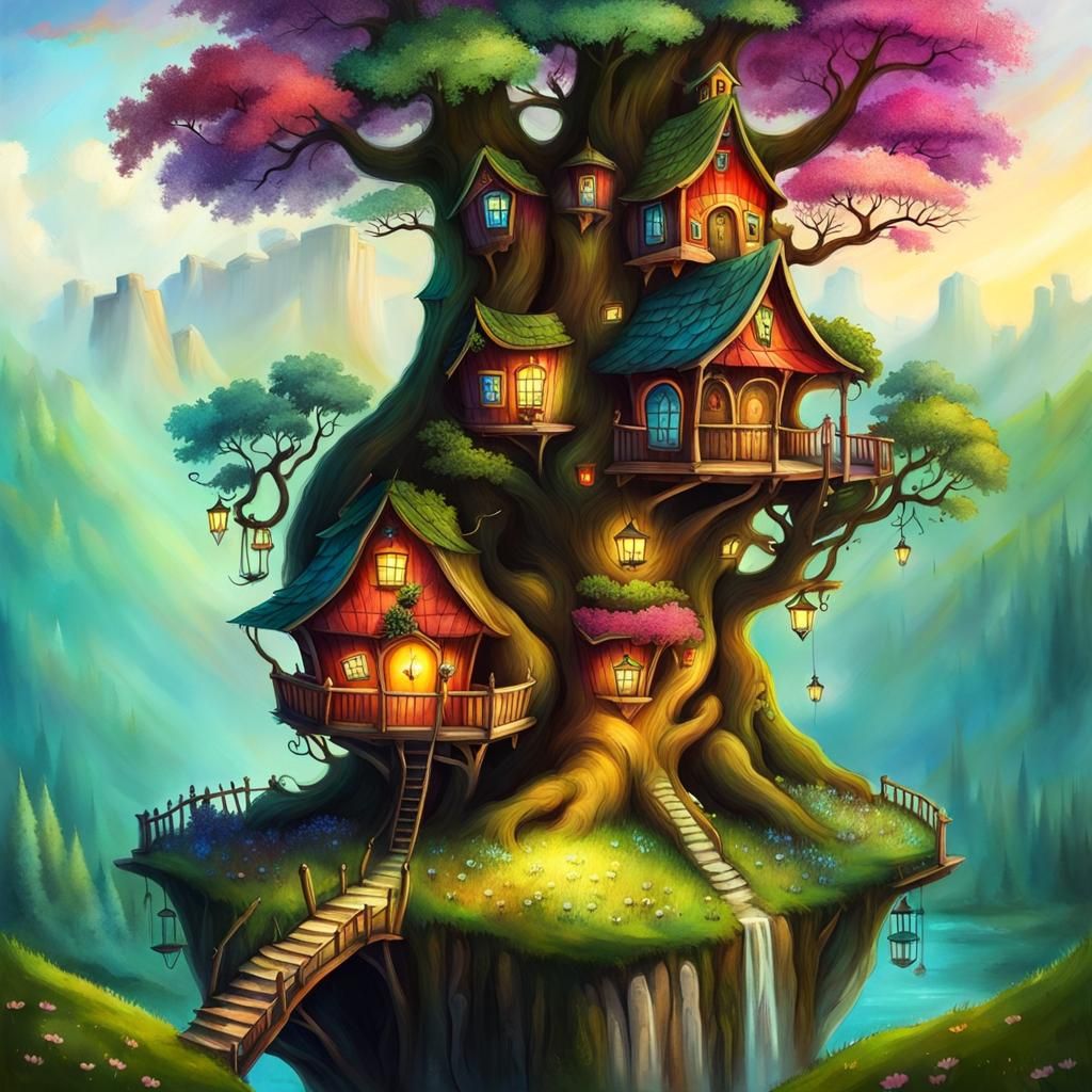 Whimsical Yggdrasil Treehouse in Vibrant Style