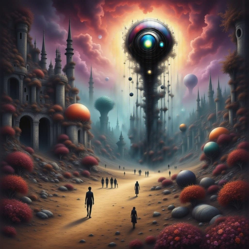 Surreal Otherworldly Landscape with Alien Encounter