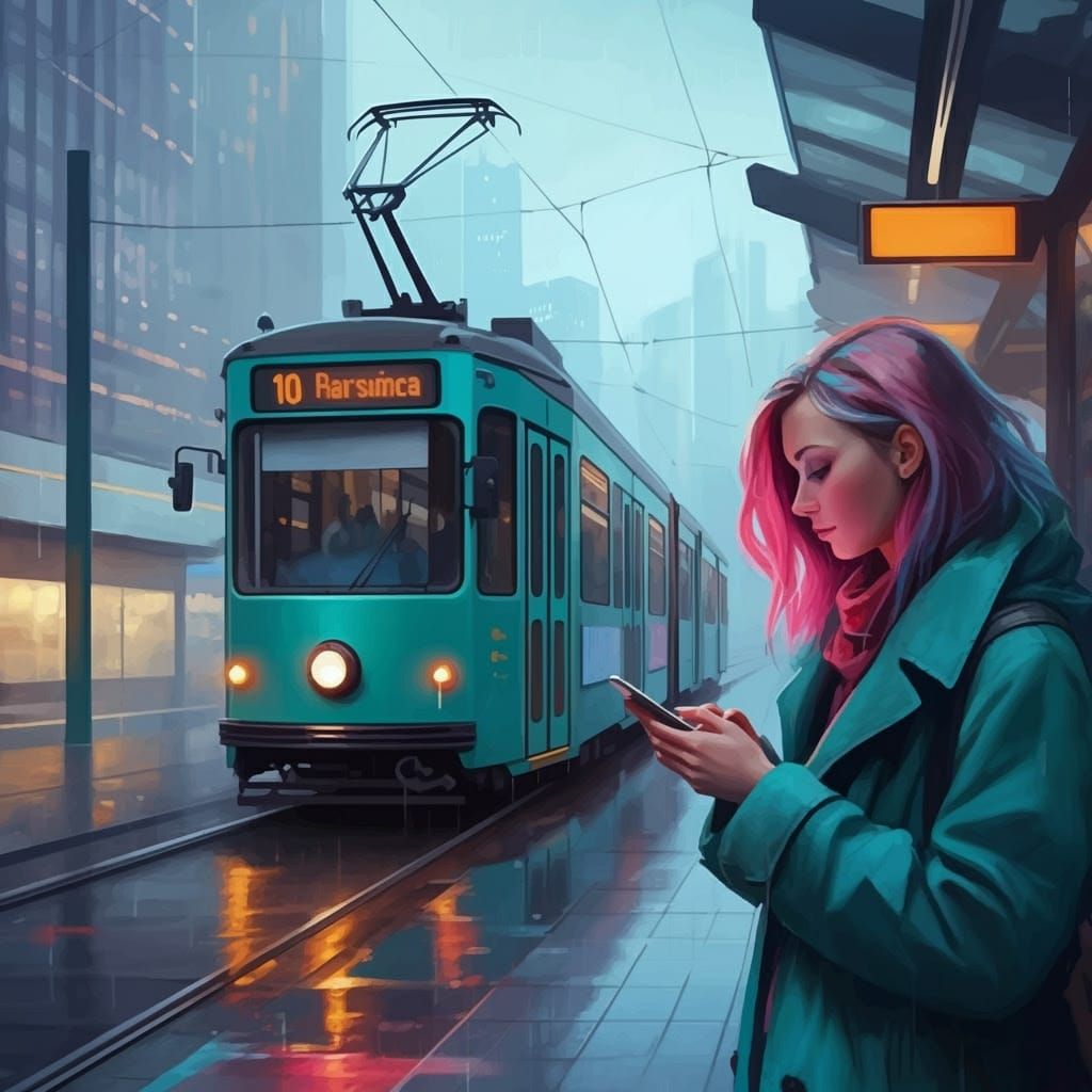 Impressionistic Cityscape with a Young Woman Waiting for the...