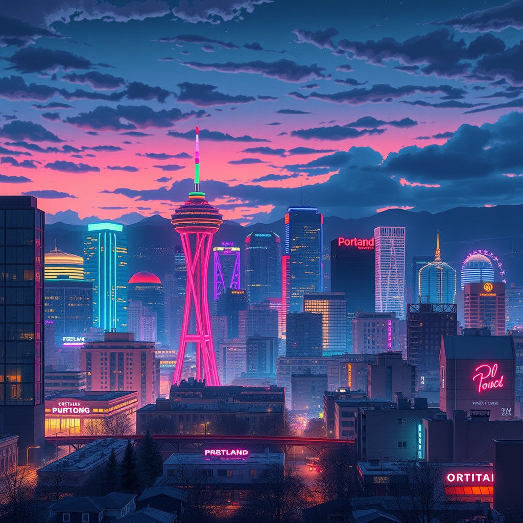 Portland Oregon Skyline in Studio Ghibli Anime Style