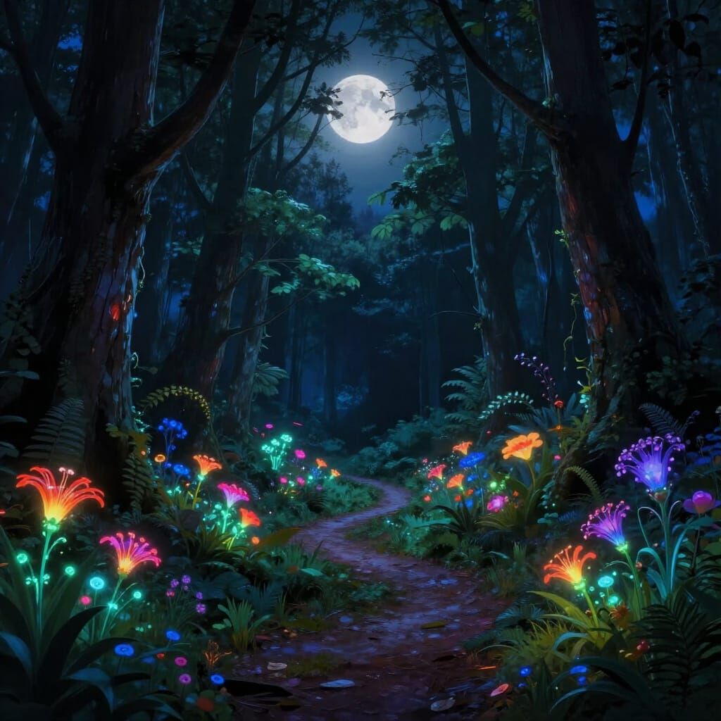 Enchanting Forest Path Under Midnight Moon