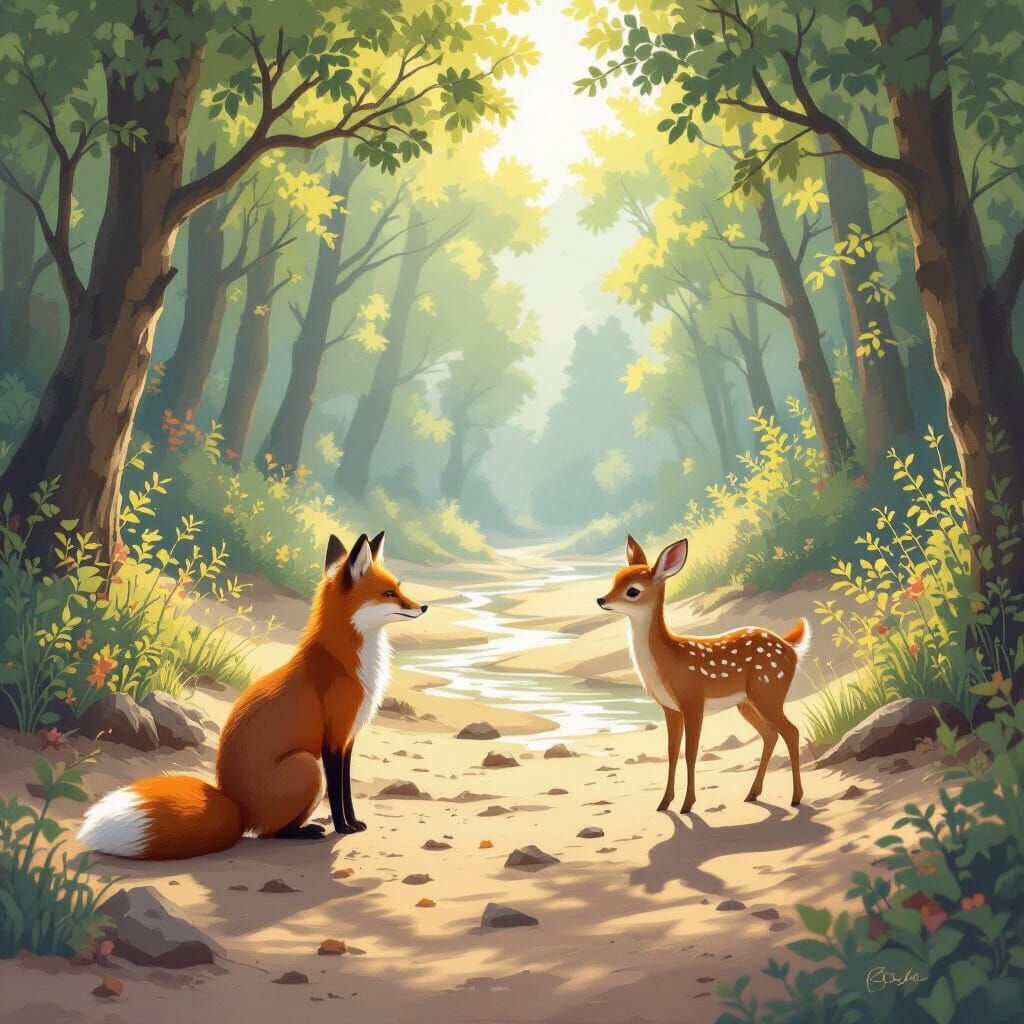 Fox and Deer in Sunlit Forest by Dry Riverbed