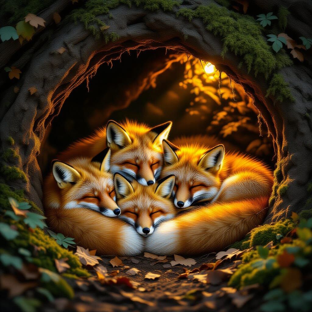 Cozy Fox Den with Golden Light, Realistic Wildlife Photograp...