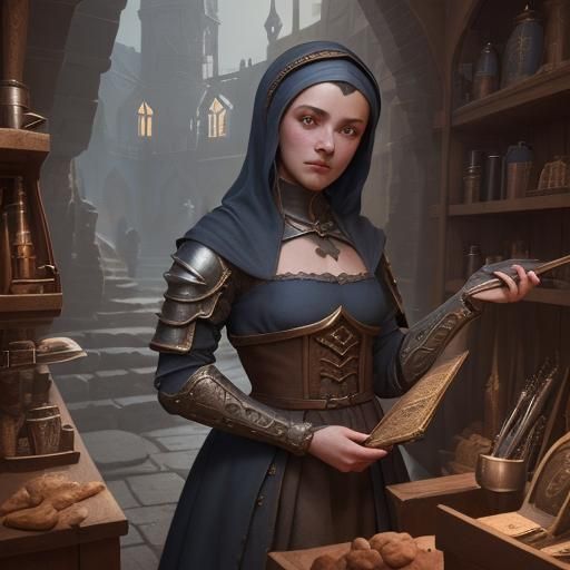 Medieval Female Shopkeeper in Detailed Matte Painting