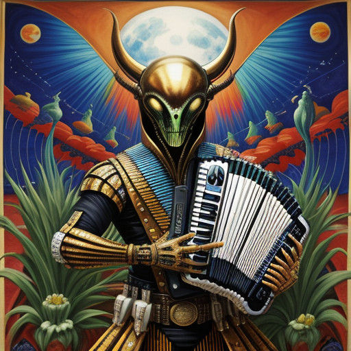 Maximalism, surrealism-alien is playing accordion