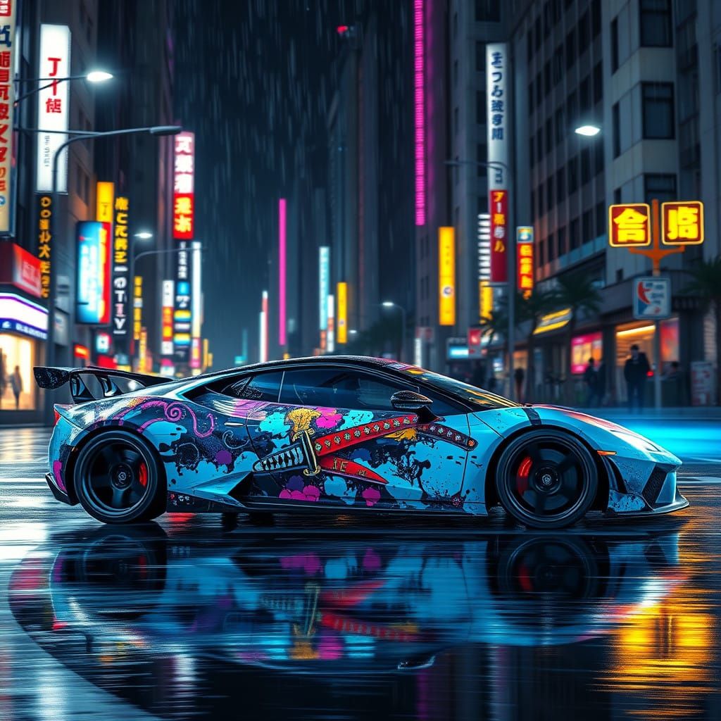 Neon-Lit Katana Sports Car Drifts Through Rainy Tokyo