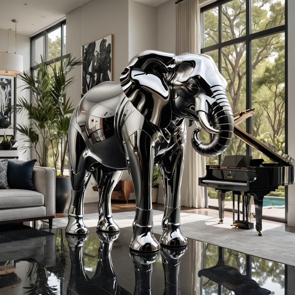 Chrome Elephant Sculpture in Contemporary Living Room