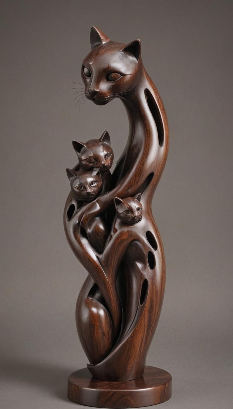 Stylized Wooden Sculpture of Mother Cat and Kittens