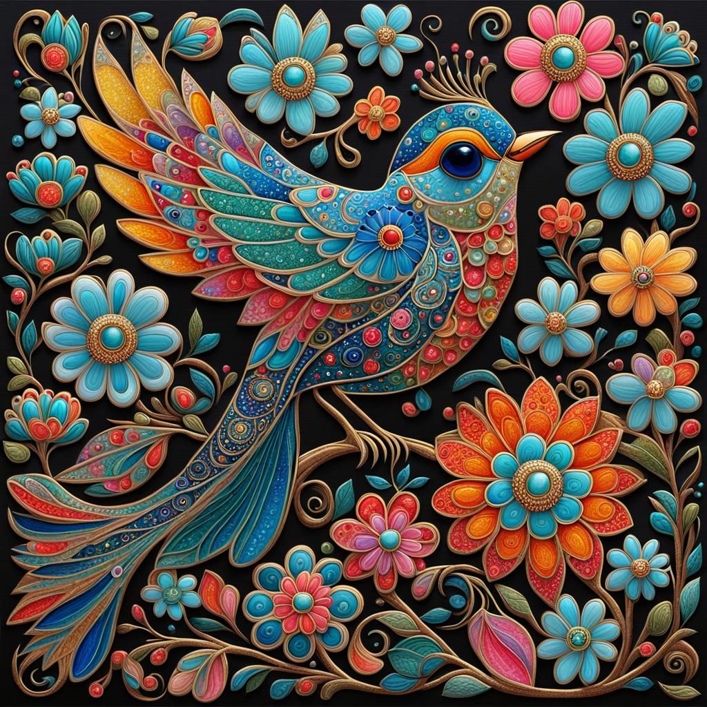 Colorful Bird with Glittering Flowers in Russian Style
