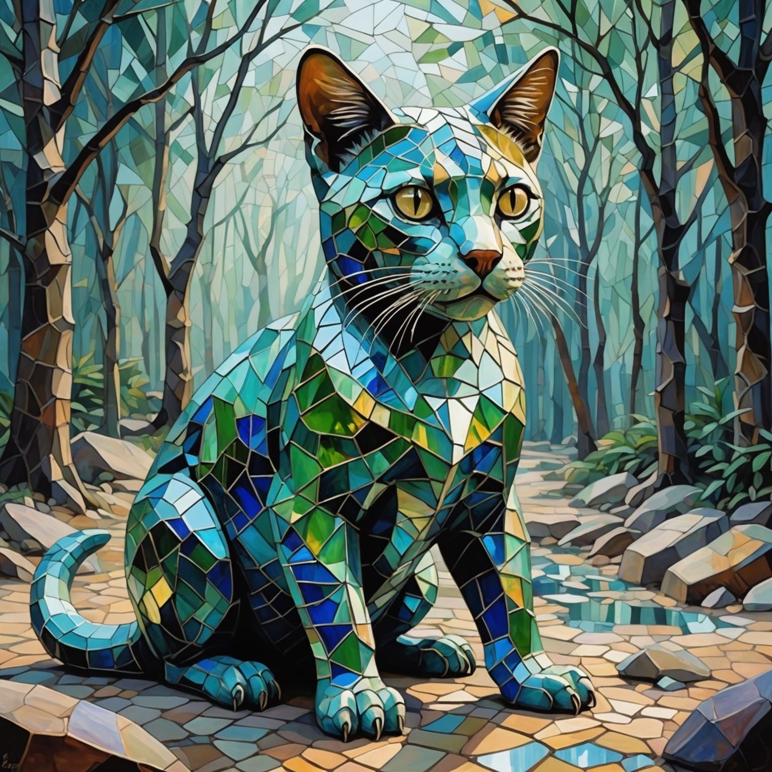 Dinosaur Cat Painting in Cubist Style