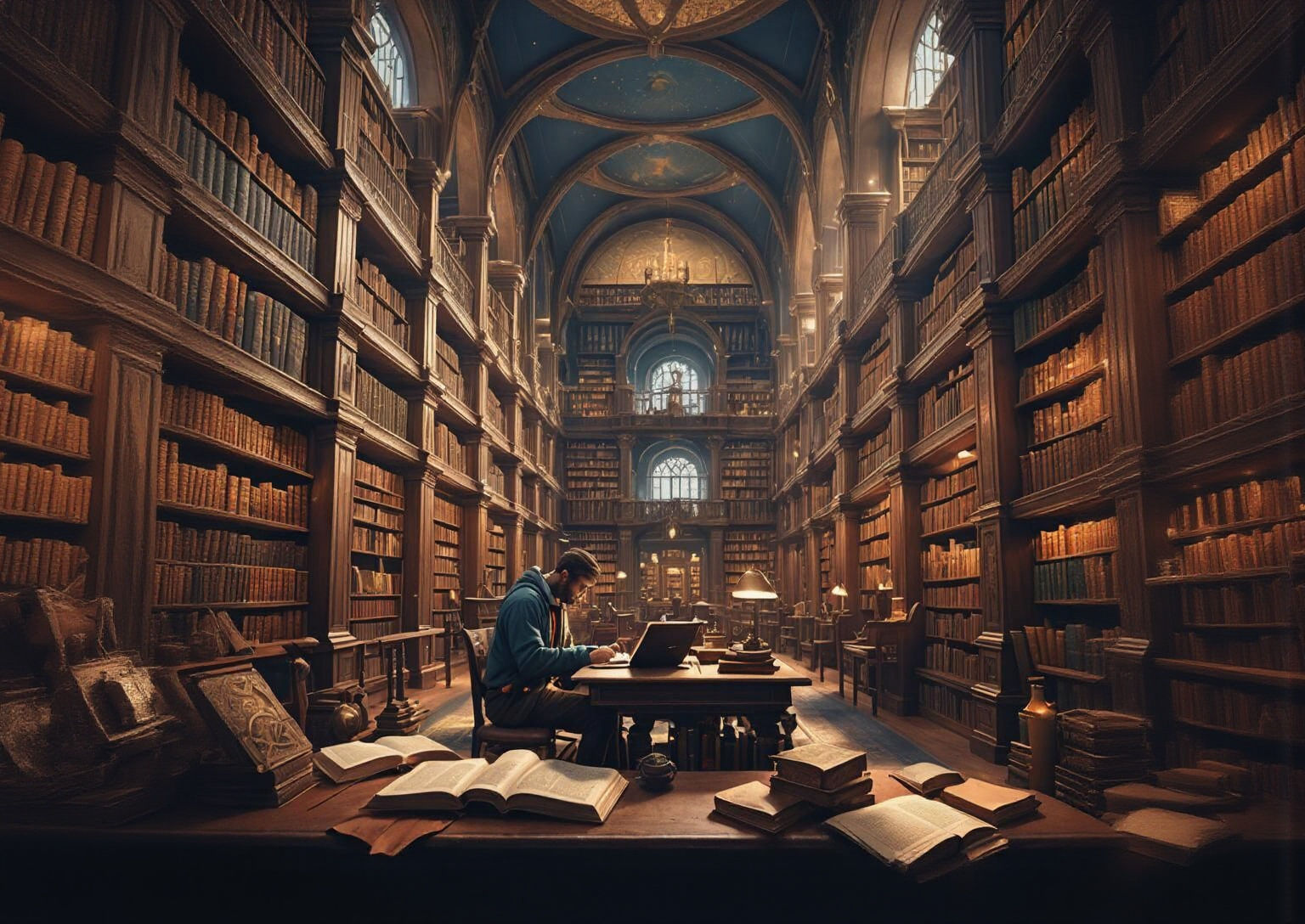 Man Researching Books in Library: Detailed Matte Painting
