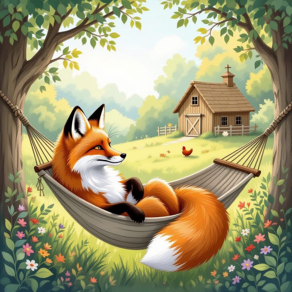 Fox in Hammock, Whimsical Storybook Illustration