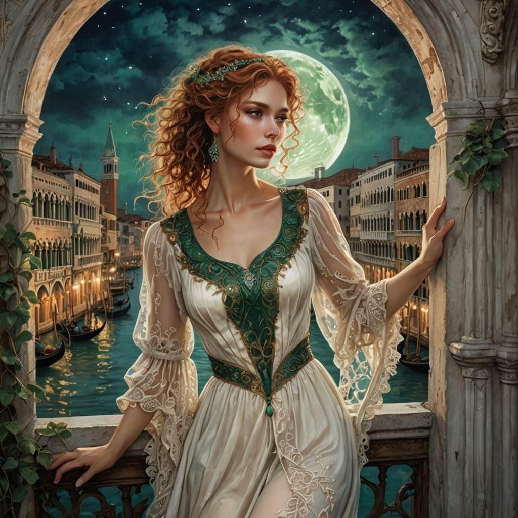 Venetian Romance: Woman Overlooking Moonlit Canals
