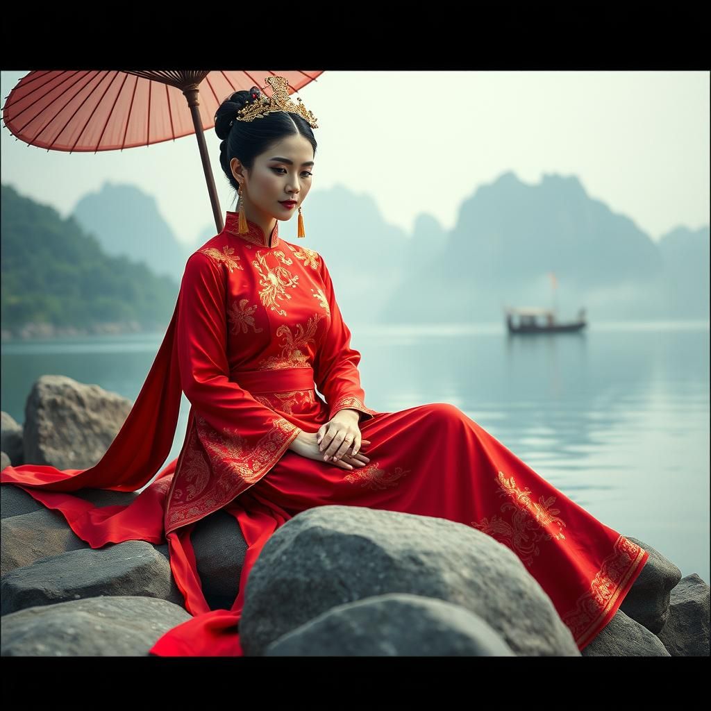 Elegant Woman in Red Gown by Misty Lake