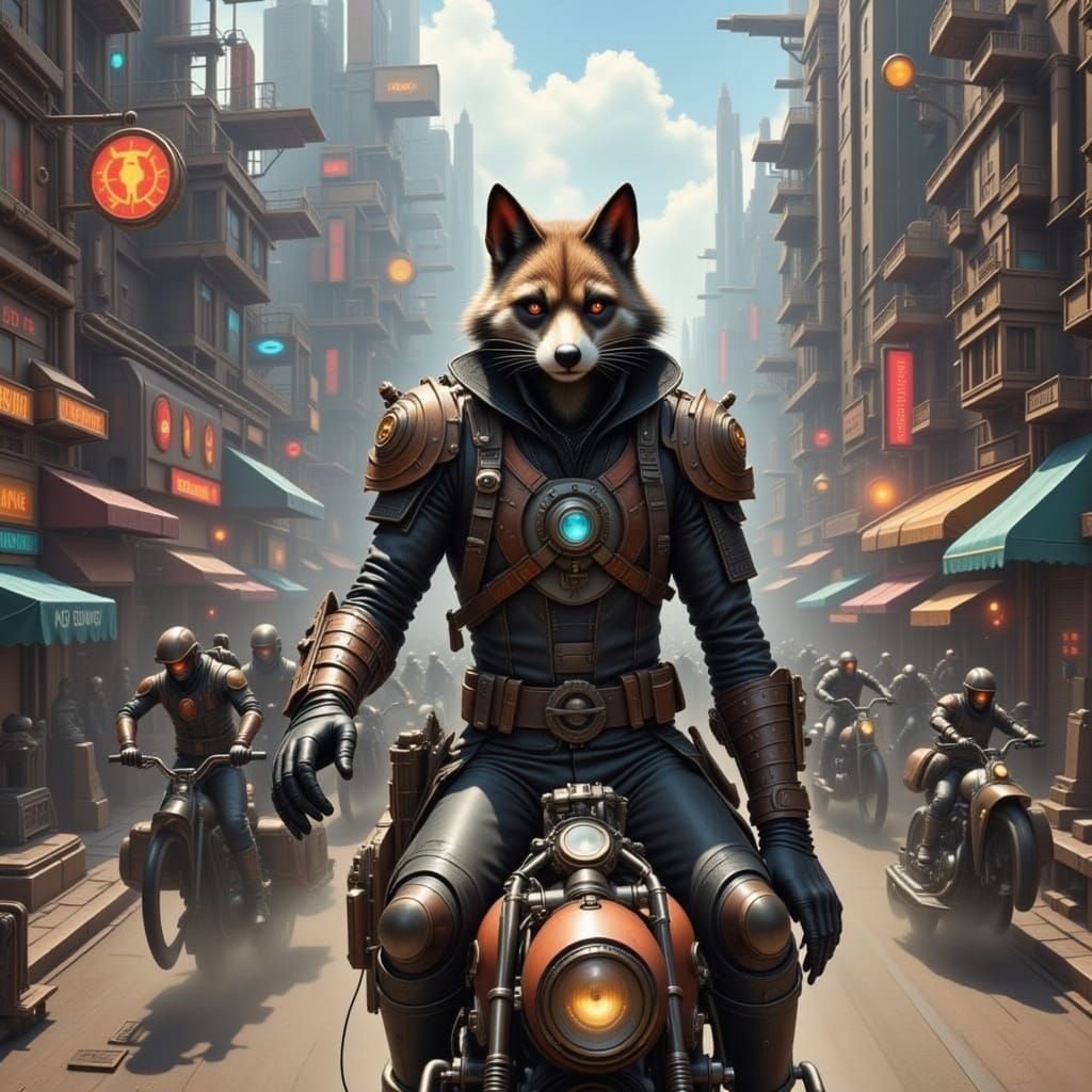 Skunk Mercenary Rides Battle Cycle in Dystopian City