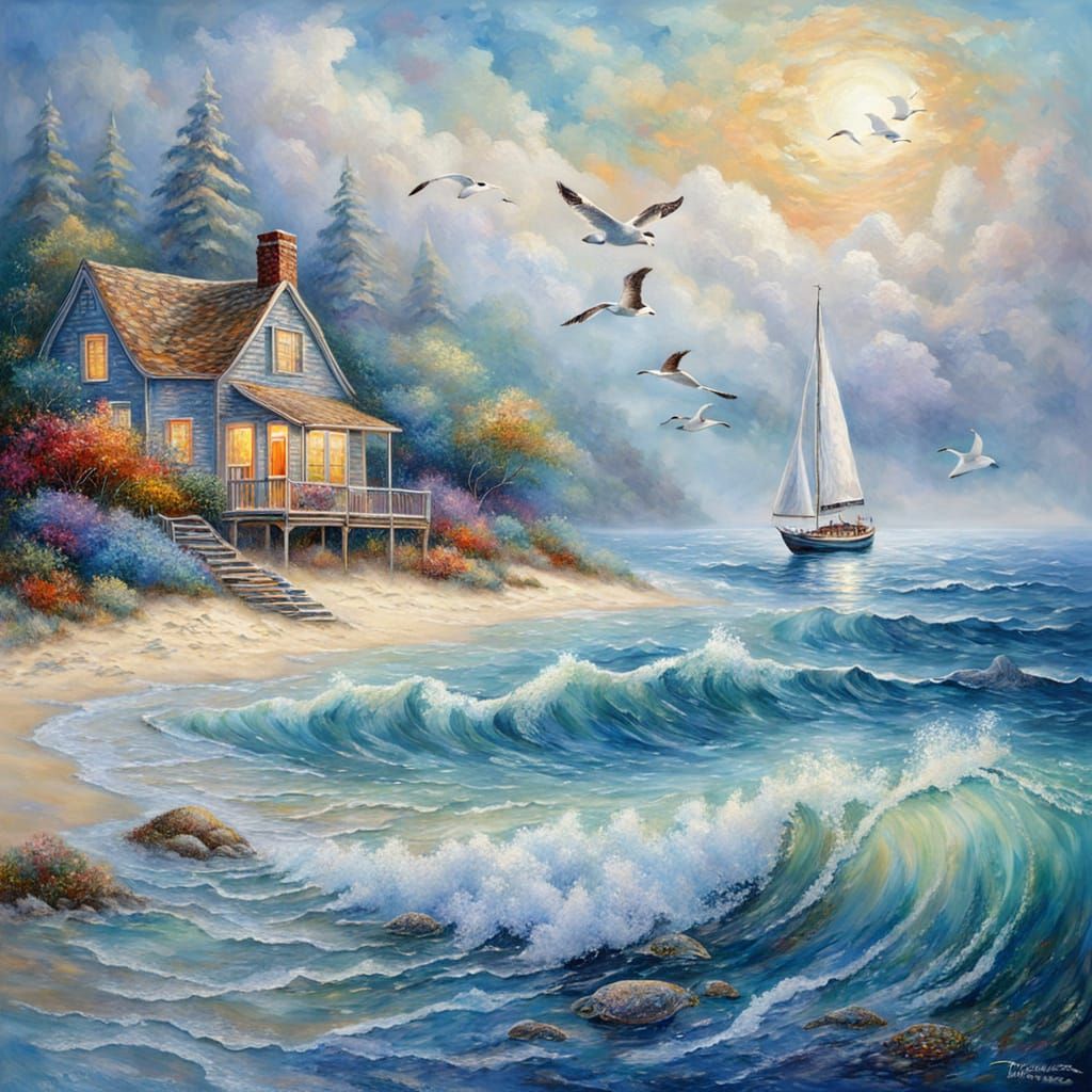 Impasto Painting of Beach Cottage at Summer's End