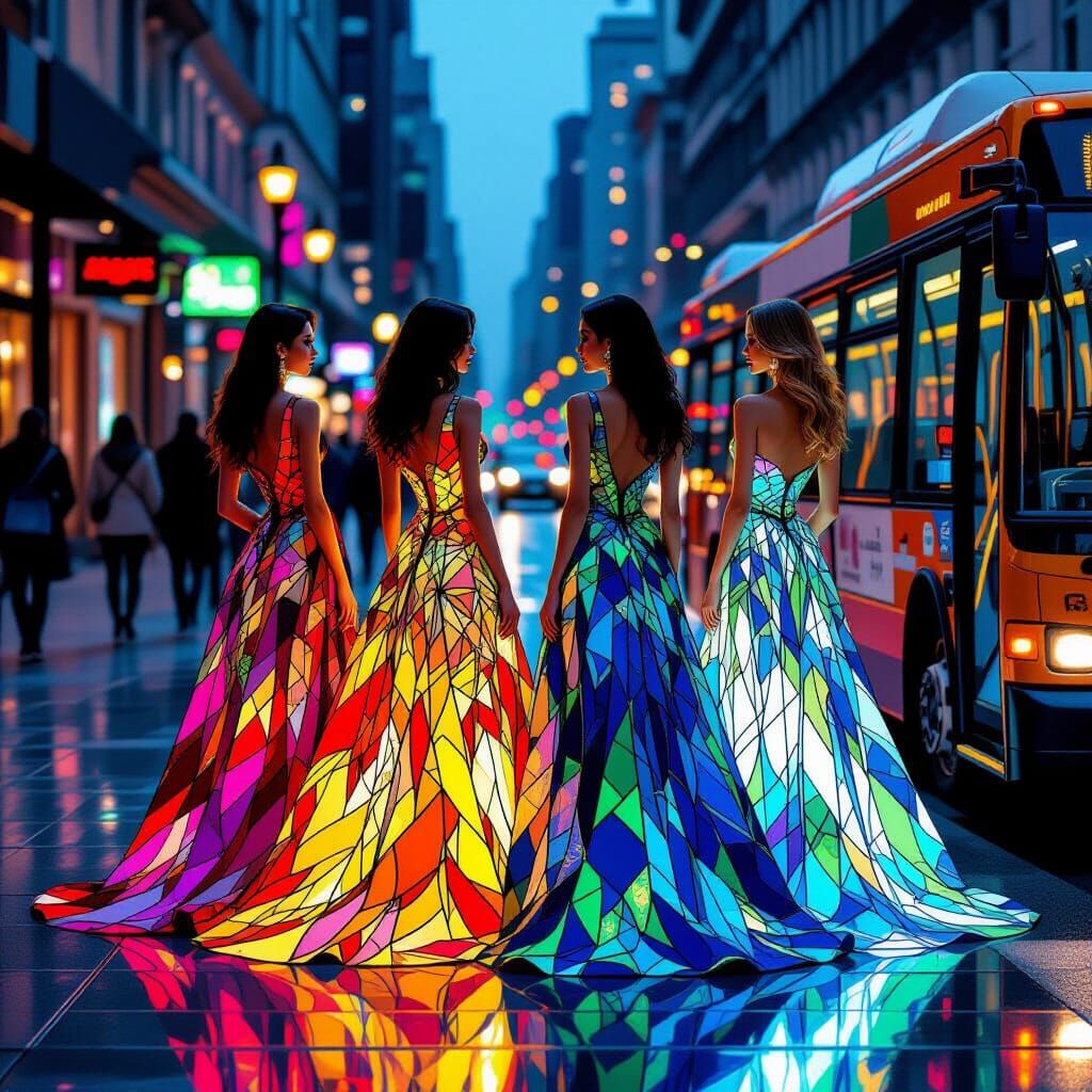 Stylish Women in Luminous Stained Glass Dresses