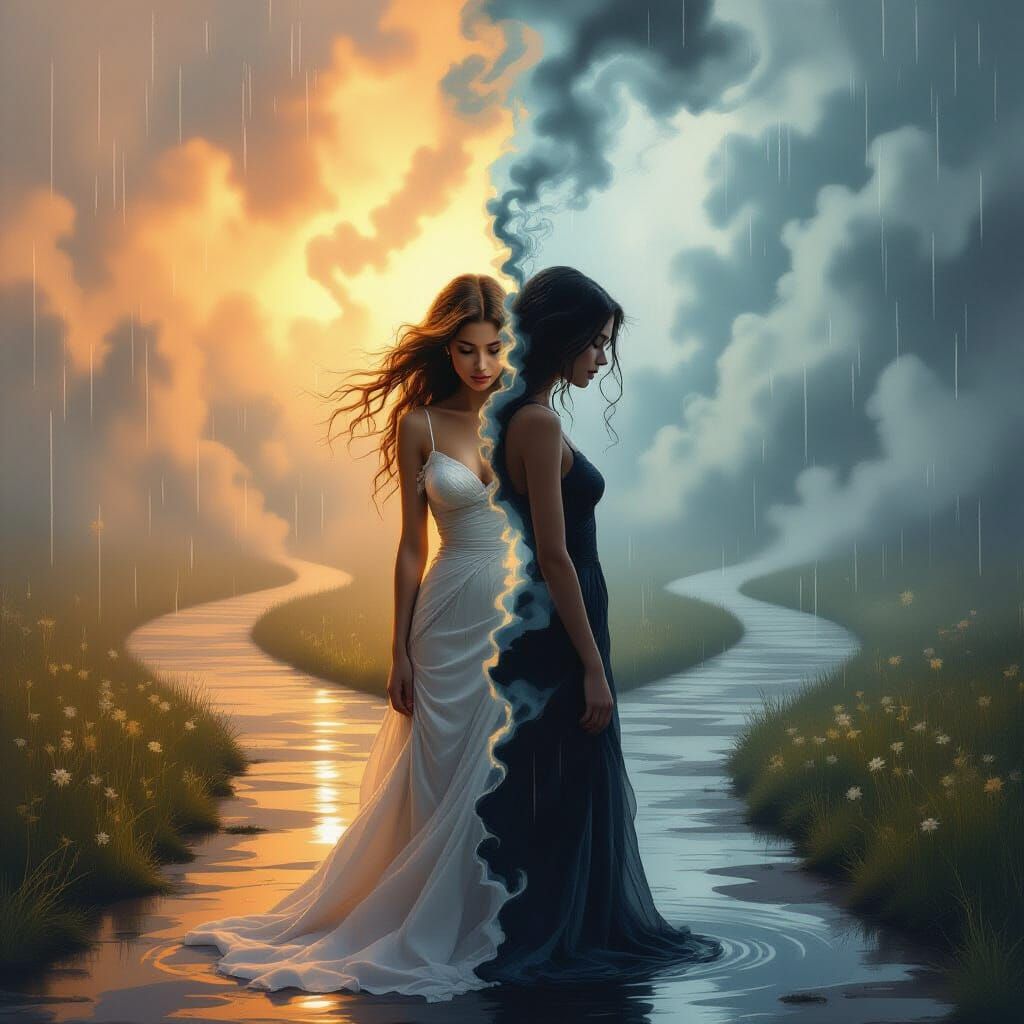 Woman's Internal Conflict in Surreal Smoke and Rain