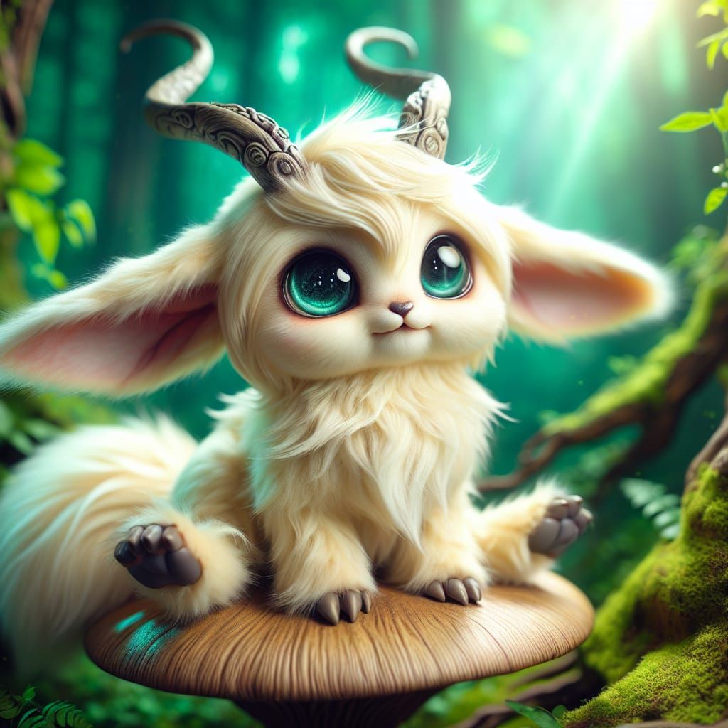 Anime Jackalope on Mushroom in Enchanted Forest