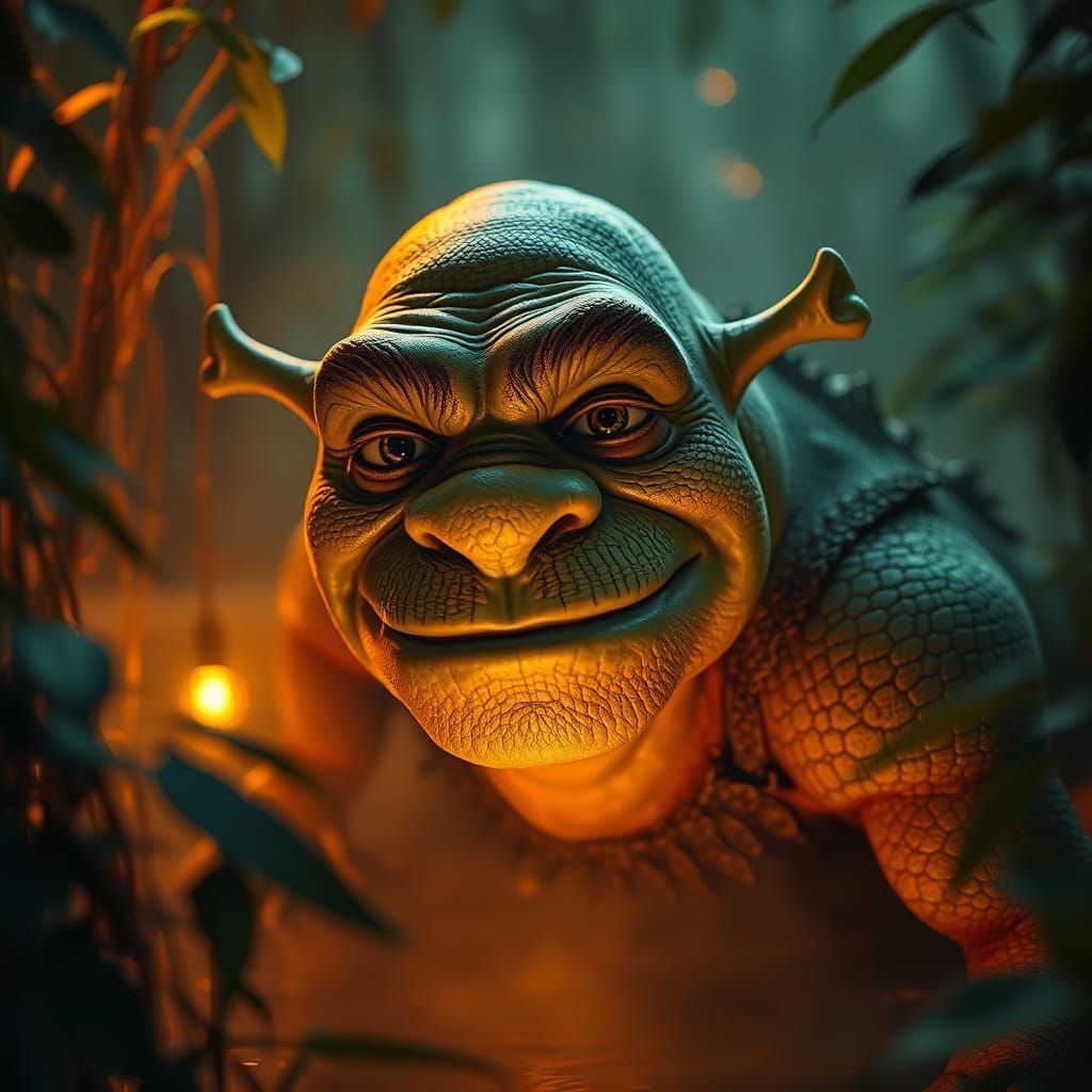 Hyper-Realistic Shrek in a Misty Swamp
