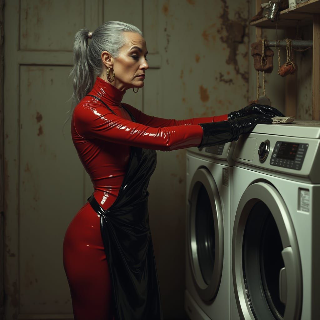 Elegant Woman Folds Laundry in Red Latex Catsuit