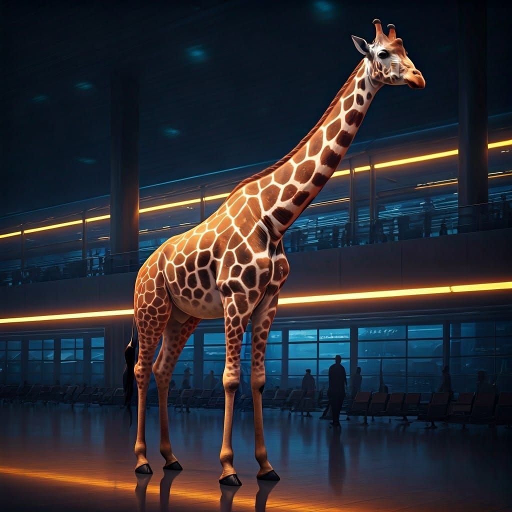 Giraffe Stands Tall in Bustling Airport Scene