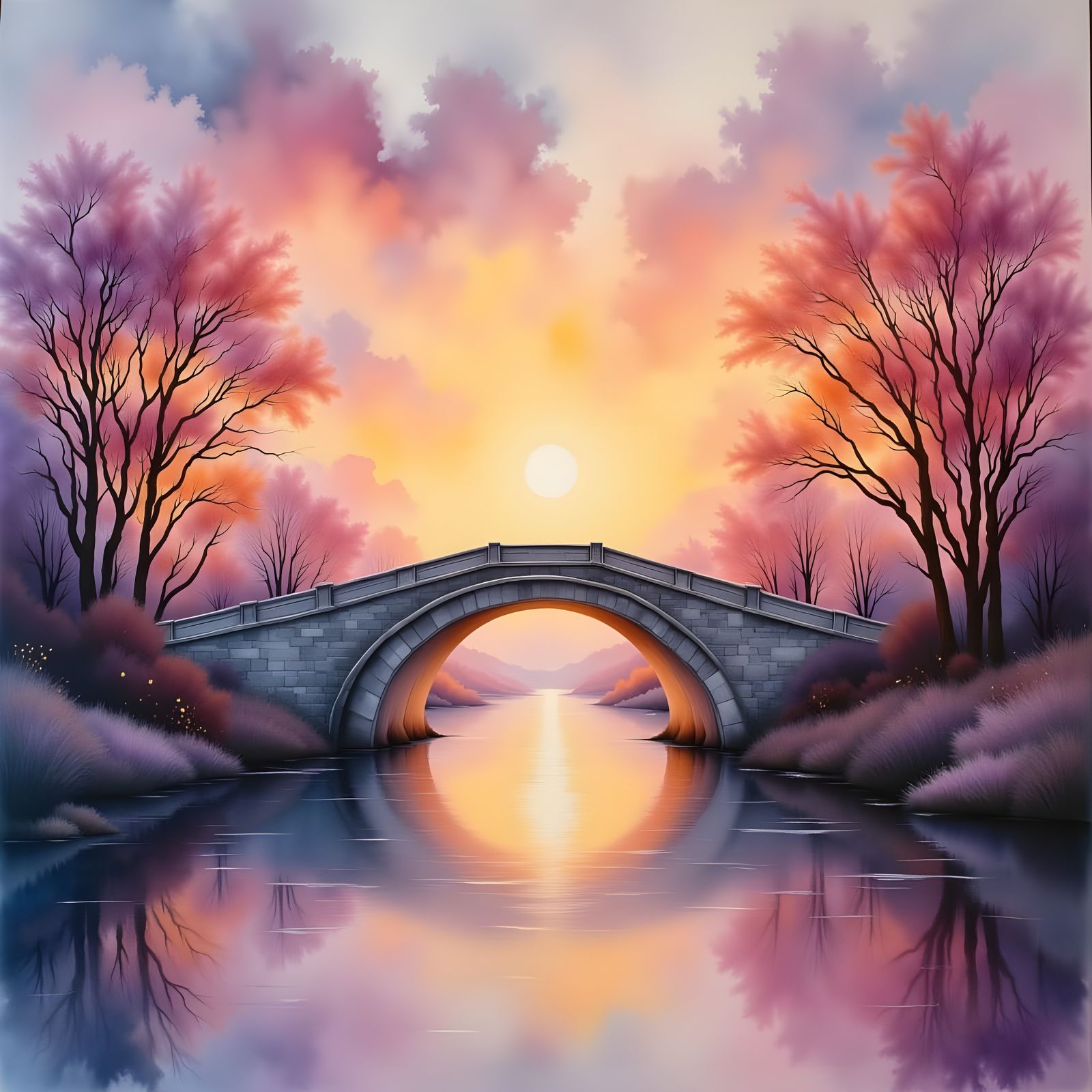 Bridge to Sunset in Watercolour Impressionism Style