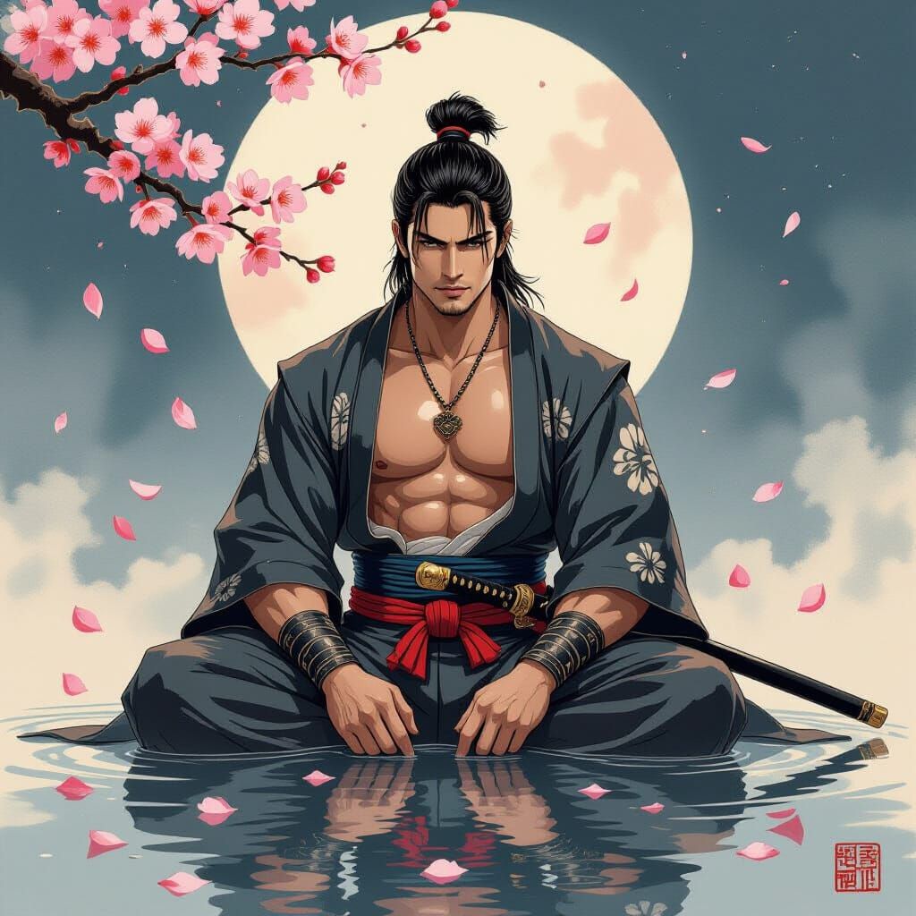 Gay Samurai in Japanese Ukiyo-e Style with Blossoms