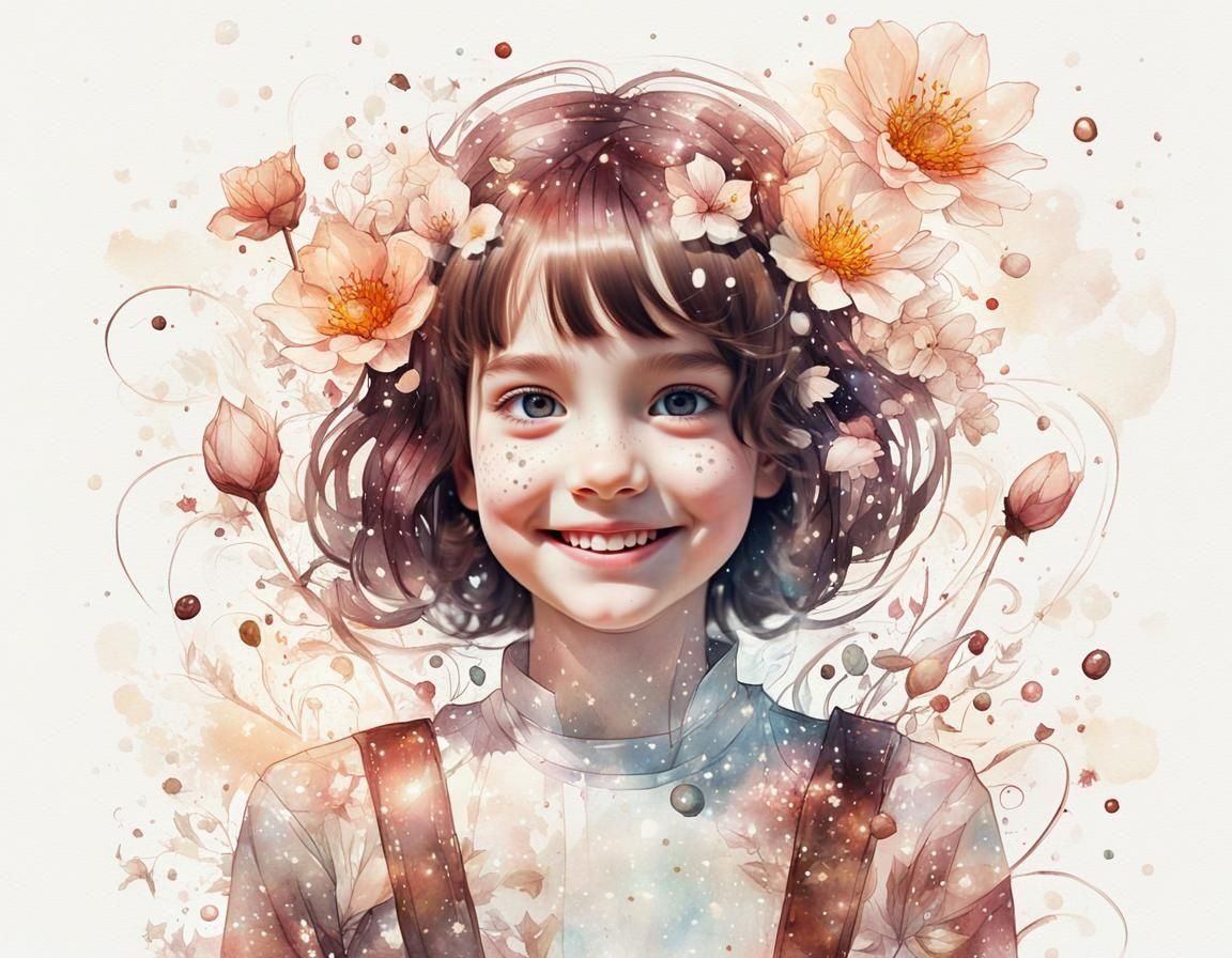 Ethereal Floral Art: Smiling Girl in Abstract Scene