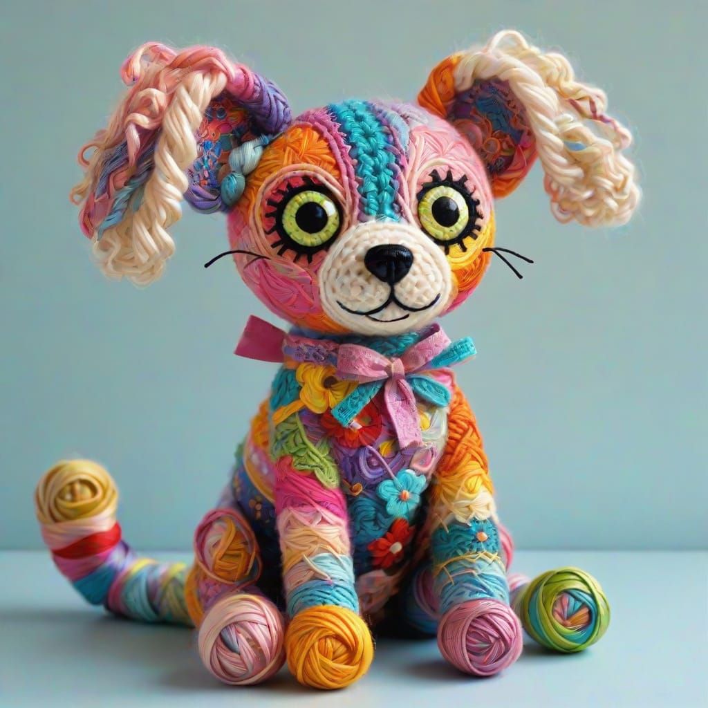 Colorful Crochet Dog in Whimsical Textile Wonderland