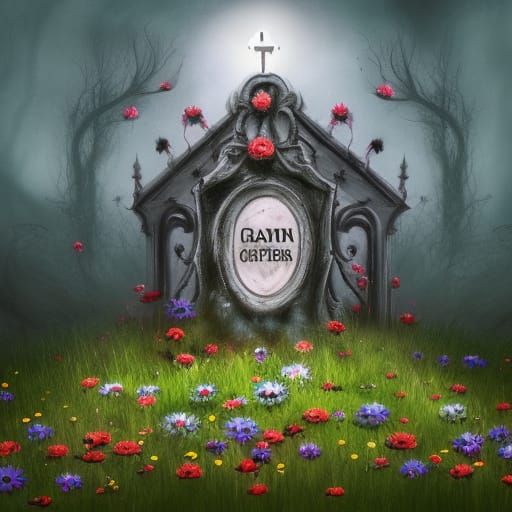 grave covered in flowers dark scene Tim burton style