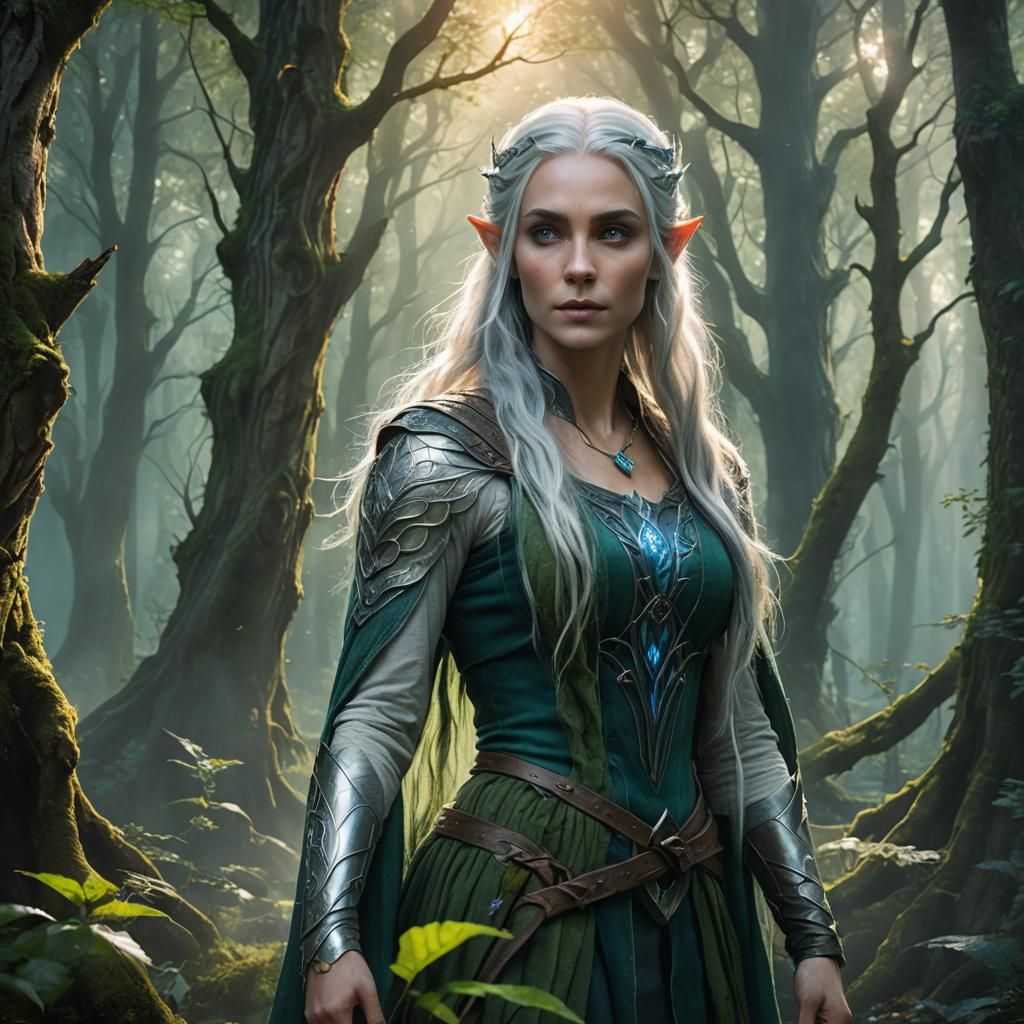 Elven Woman Meets Forest Guardians in Misty Forest