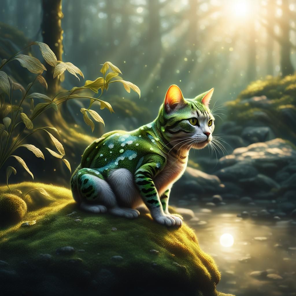 Cat-Frog Hybrid in Hyperrealistic Digital Art