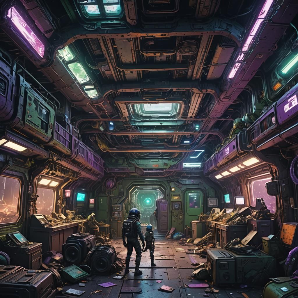 Alien Scavengers in Neon-Lit Space Station
