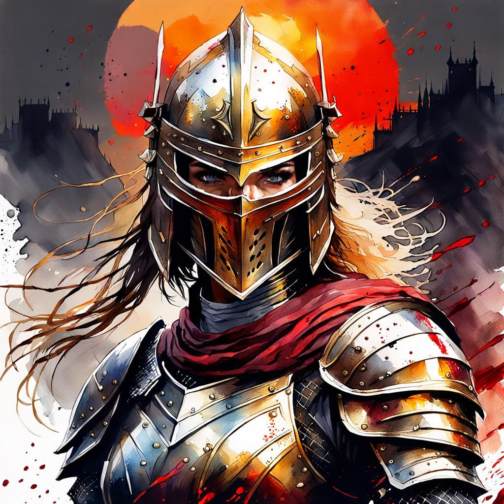 Female Knight Warrior in Digital Watercolor Illustration