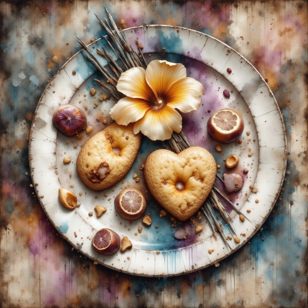 Grunge Cookies on Plate in Watercolor Style