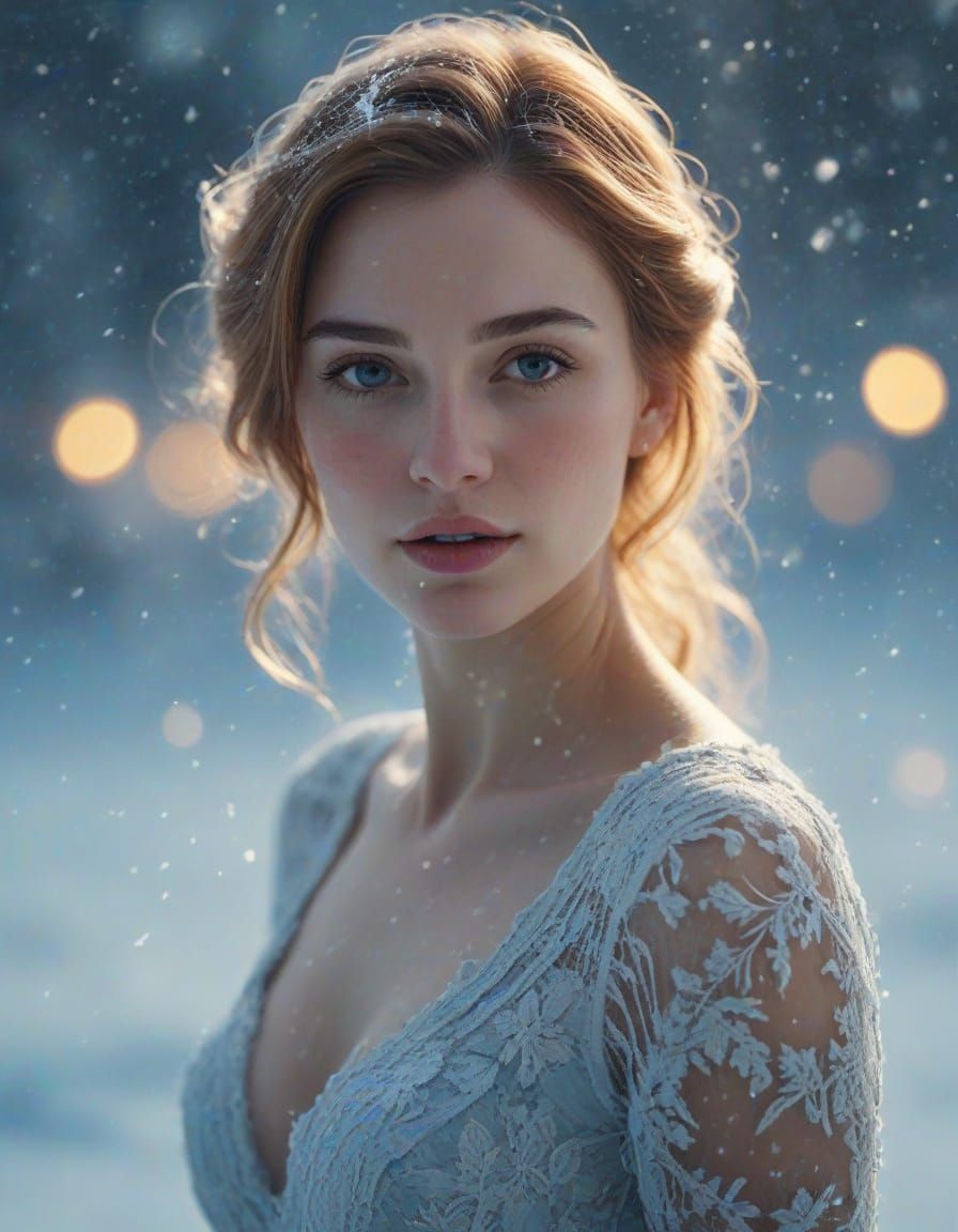 Ethereal Woman in Frosty Winter Wonderland