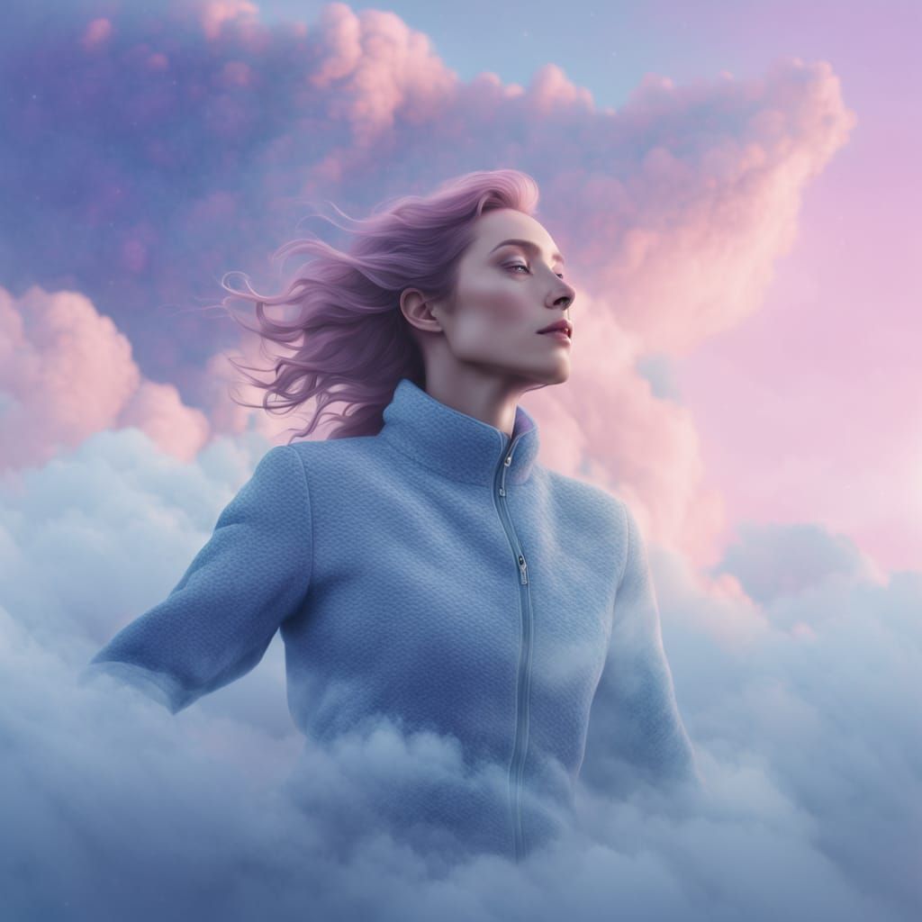 Surreal Woman Ascends into Ethereal Clouds