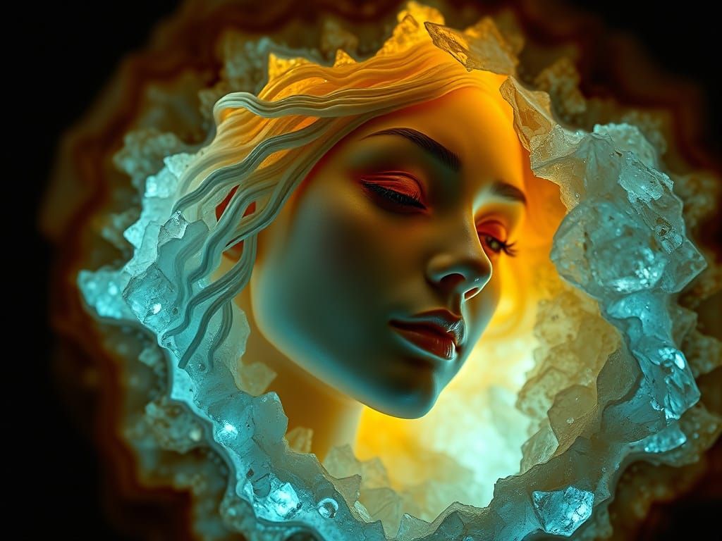 Bioluminescent Woman in Geode: Cinematic Macro Photography