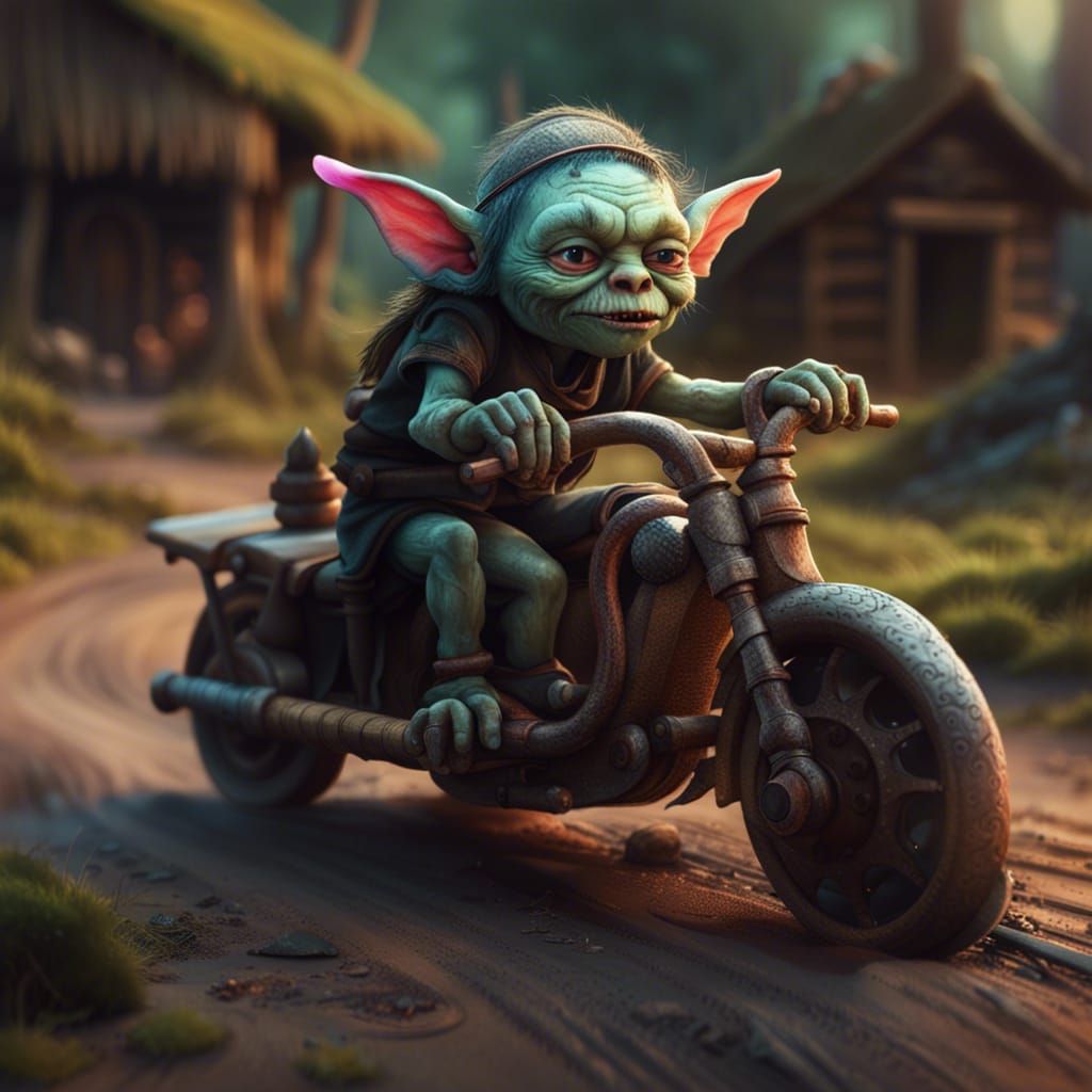 Cute Goblin on Motorcycle: Fantasy Concept Art