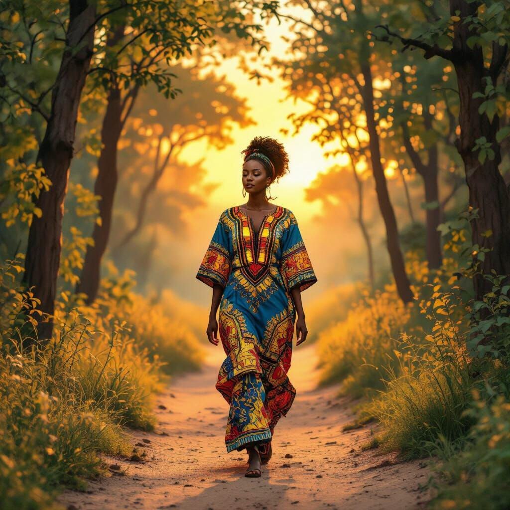 Woman Walks Forest Path in Golden Light
