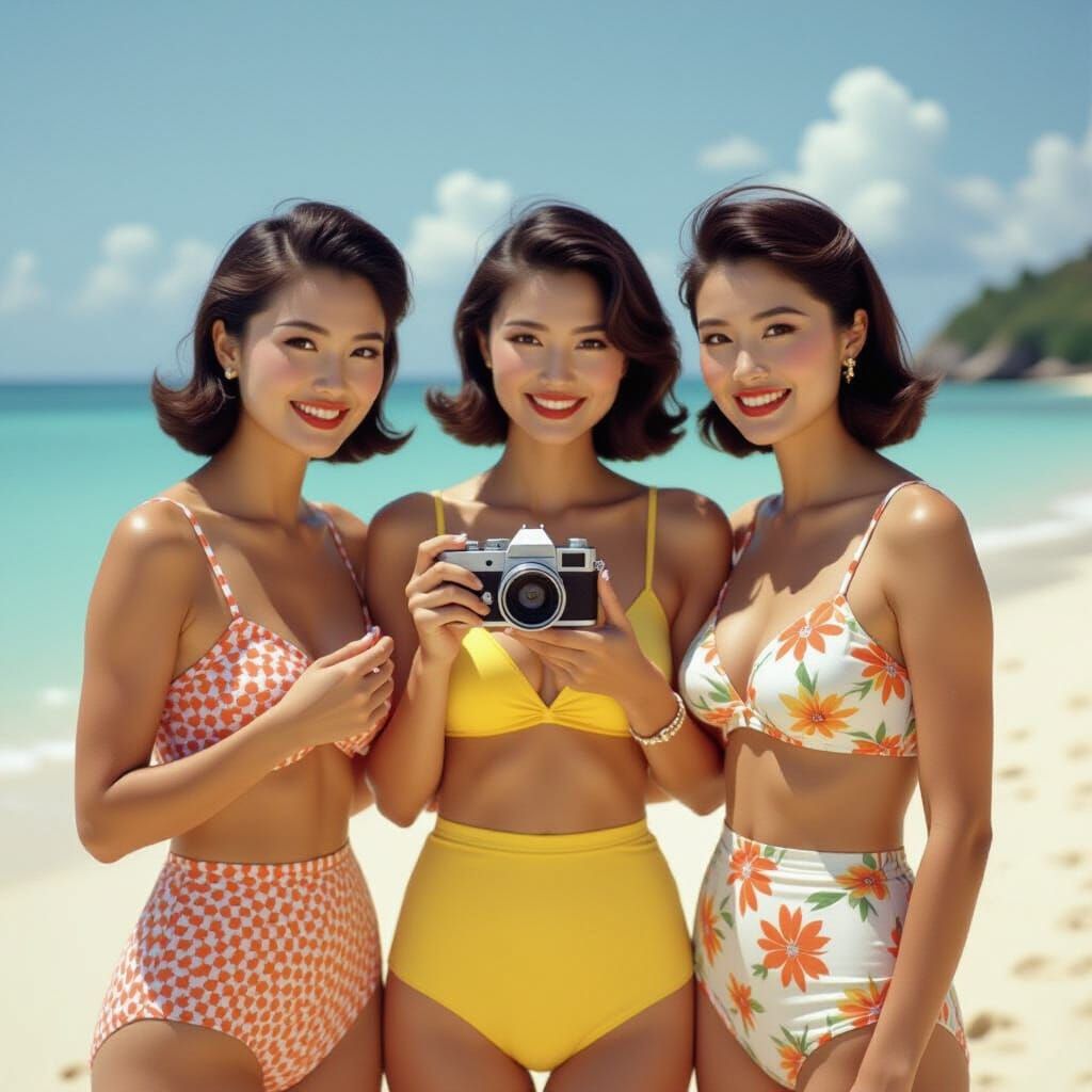 Vintage Beach Photo of Asian Women in 1960s Style