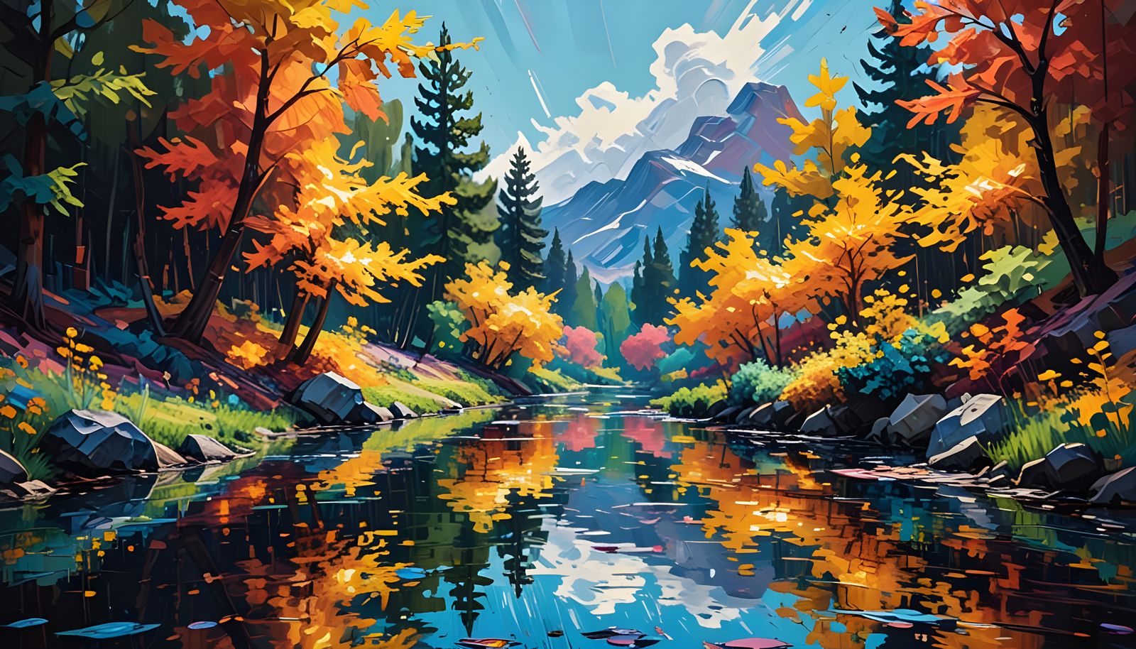 Glitched Neo-Impressionist Chrome River Scene