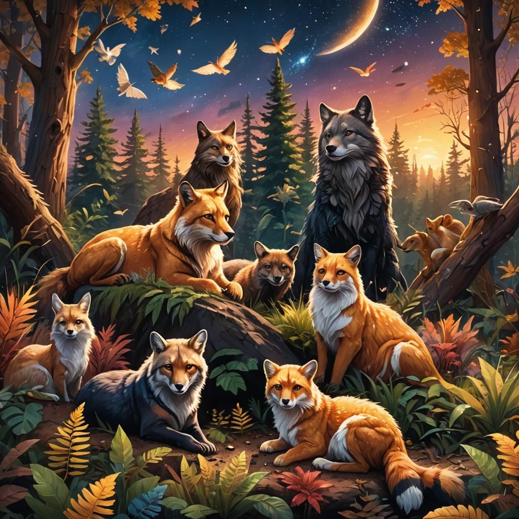 Animals Gaze at Starry Sky in Golden Hour Light