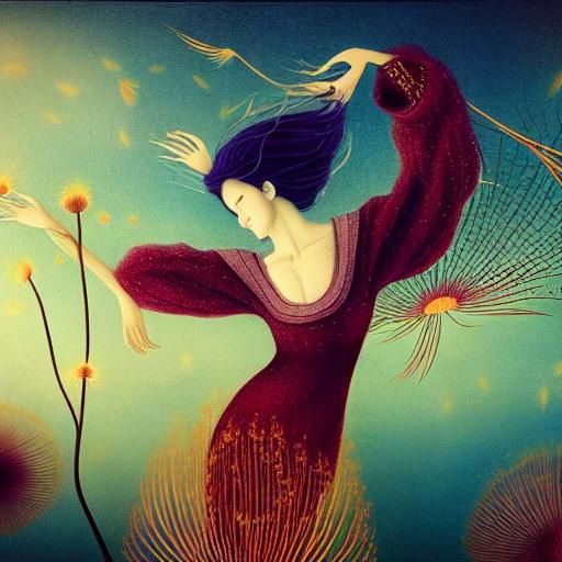 Woman and Dandelion in Windy Fairytale Scene