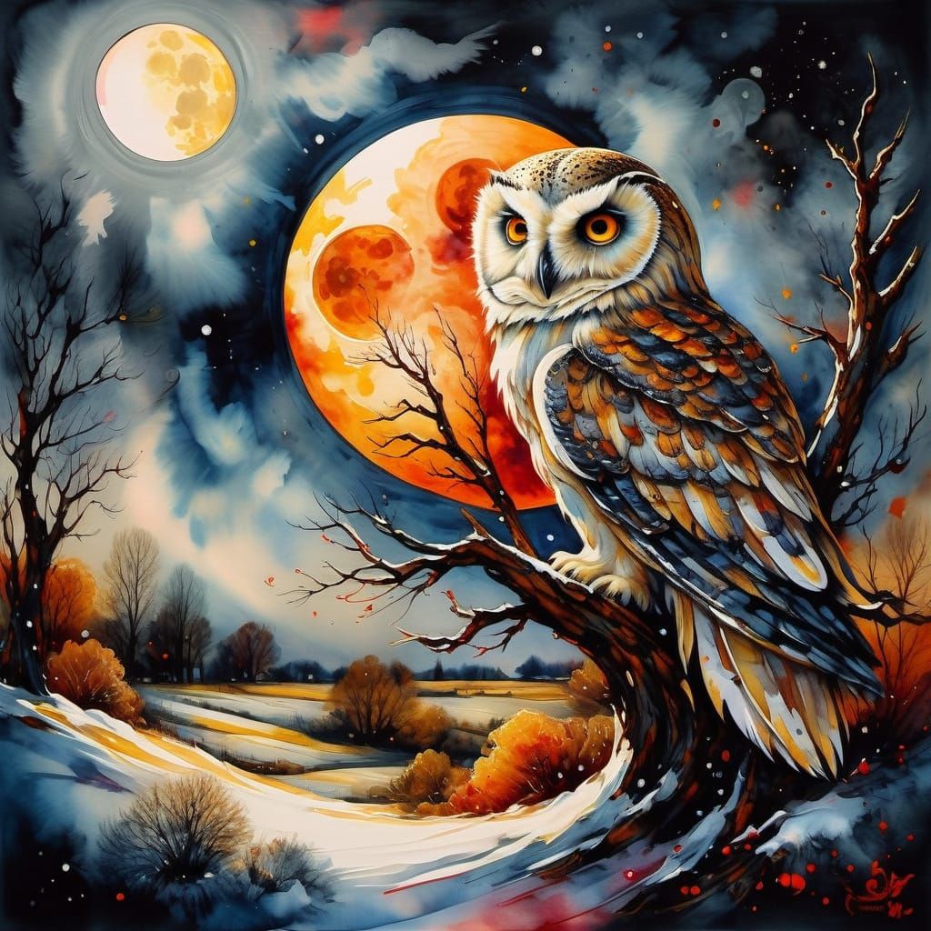 Snow Owl in a Moonlit Winter Sky Painting
