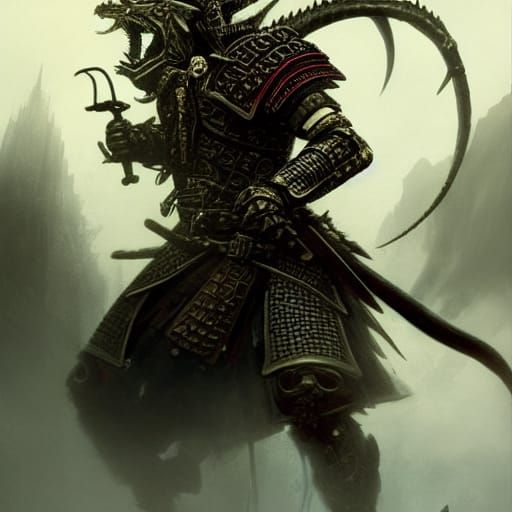 Steampunk Dragon-Wolf Samurai with Skull Armor